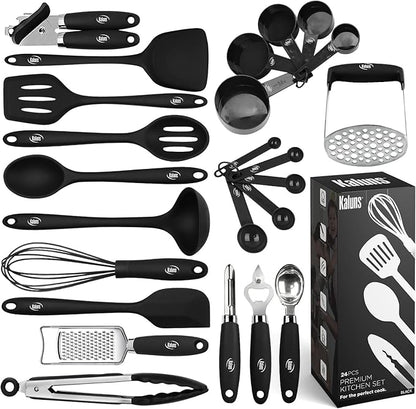 Kaluns Silicone Kitchen Utensils Set 24 Pcs Silicone Cooking Utensils Set - Can Opener, Masher, Turner, Spatula 446°F Heat Resistant Non-Stick - Premium Utensil Set