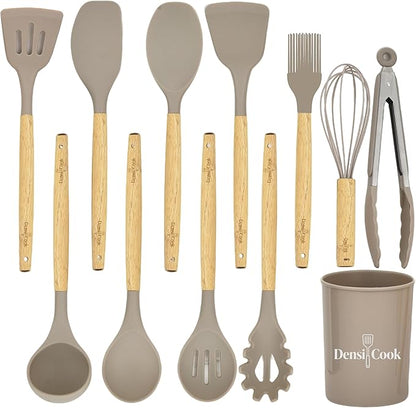 Silicone Cooking Utensils Set - 446°F Heat Resistant Silicone Kitchen Utensils Set, Spatula,Turner Tongs, Spoon, Whisk,Kitchen Gadgets for Nonstick Cookware, BPA Free（Khaki）