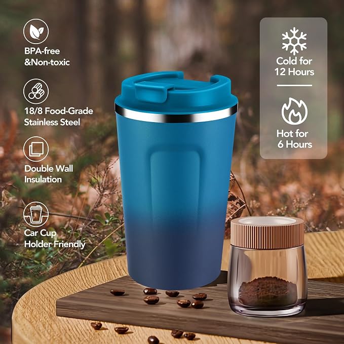 Volhoply 12 oz Double Wall Insulated Vacuum Travel Coffee Mugs with Flip Lid Bulk 2 Pack,Reusable Stainless Steel Leak Proof Coffee Cup,Portable Thermal Tumbler for Cold & Hot Drinks(Dark Night,2 Set)