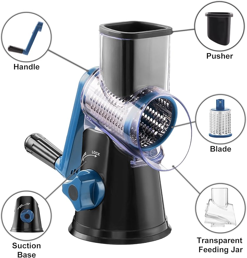 Suggestion


Manual food processor with labeled parts on a white background