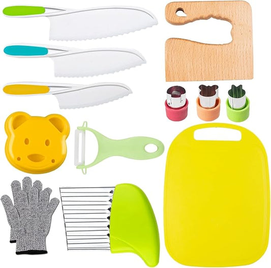 Leking 13 Pcs Wooden Kids Kitchen Knife, Kids Knife Set with Gloves Cutting Board Bear Sandwich Cutter Fruit Vegetable Cutters Serrated Edges Plastic Knifes for Real Cooking Kid Safe Knives