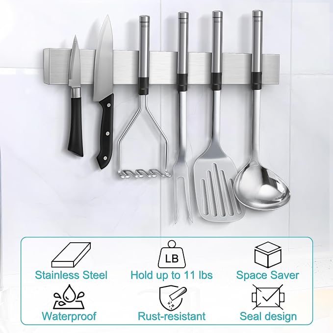 Magnetic Knife Holder for Wall, No Drilling Magnetic Knife Strip Adhesive Knife Holder Magnet Knife Bar, Wall Mount Knife Rack Block Metal Tool Holder for Utensils RV Kitchen Organization, 14 Inch