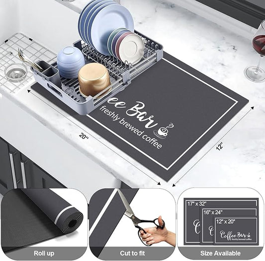 Findosom Dish Drying Mat, 12"x 20" Super Absorbent & Hide Stain Coffee Mat, Cuttable Drying Mat for Kitchen Counter, Coffee Bar Accessories, Under Dish Rack, Coffee Maker, Espresso Machine, DarkGrey