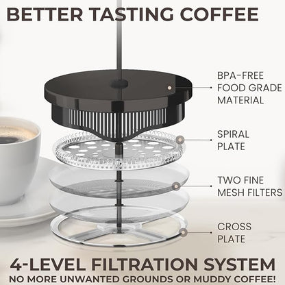 Cafe Du Chateau Stainless Steel French Press Coffee Maker 34 oz - Easy to Use Insulated Coffee Press with 4-Level Filtration, Manual Brewer for Tea, Camping & Travel with BPA Free, Durable Clear Glass