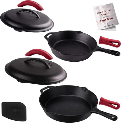 Cast Iron Skillet Set with Lids - 10"+12"-inch Pre-Seasoned Covered Frying Pan Set + Silicone Handle and Lid Holders + Scraper/Cleaner - Use Indoor/Outdoor, Oven, Stovetop, Fire, BBQ Kitchen Cookware