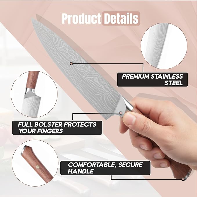 7 pcs German Knife, High Carbon Stainless Steel Knife Set with Pakka Wood Handle, Built-in Sharpener, Chef Knife (7 PCS KNIFE SET)