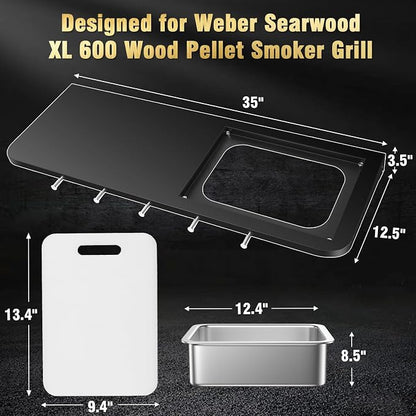 Front Folding Grill Table for Weber Searwood XL 600 Pellet Grill, 35" x 12.5" Large Prep Shelf with Stainless Steel Basin, Cutting Board, Lid & 5 Hooks, Heavy-Duty Weber Searwood XL 600 Accessories
