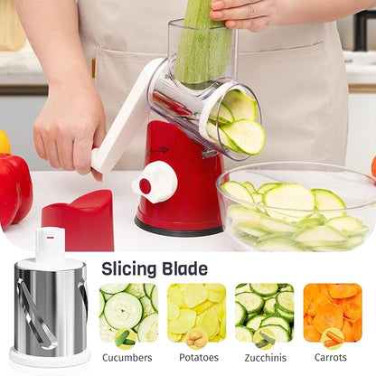 Cheese Grater Hand Crank, Rotary Cheese Shredder with 3 Interchangeable Blades for Coarse, Fine Shredding and Slicing, Strong Suction Base for Pizza, Pasta, Salad, Vegetables, Nuts, Chocolate
