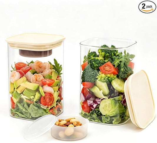 LIBWYS 39oz Large Glass Salad Jars with Lids Meal Prep, 2pack Square Glass Containers for Home Storage & Lunch, Built-In Leakproof Compartments, Wet/Dry Separation for Salad Dressing & Ingredients