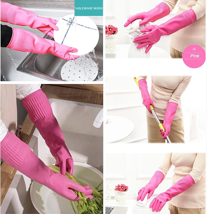 Bamllum 3 Pairs of Rubber Dishwashing Gloves for Kitchen and Household Cleaning – Long Cuff 15", Reusable, Flexible Long-lasting and Non-Slip (Red+Yellow+Green, Large)