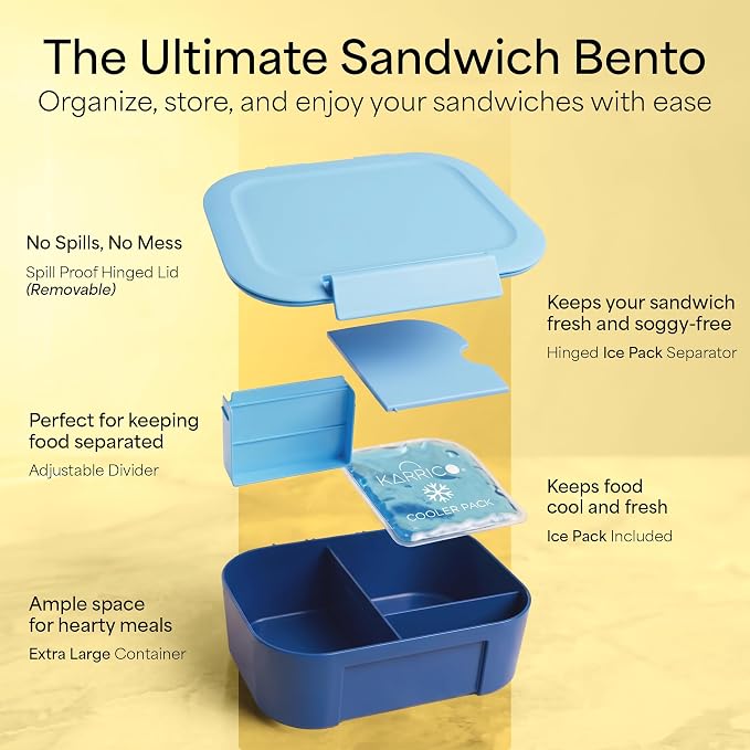 KARRICO Leakproof Lunch Box – 3-Compartment Bento Box, Cooler Pack & Adjustable Divider, Extra Large & BPA-Free – Dishwasher Safe, Ideal for On-the-Go Meals, Navy & Blue
