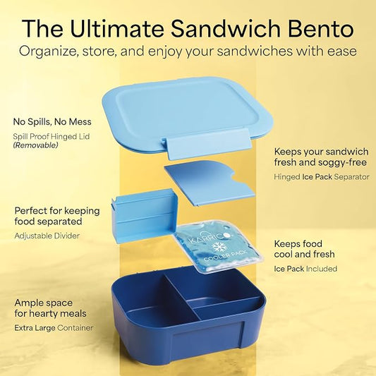 KARRICO Leakproof Lunch Box – 3-Compartment Bento Box, Cooler Pack & Adjustable Divider, Extra Large & BPA-Free – Dishwasher Safe, Ideal for On-the-Go Meals, Navy & Blue