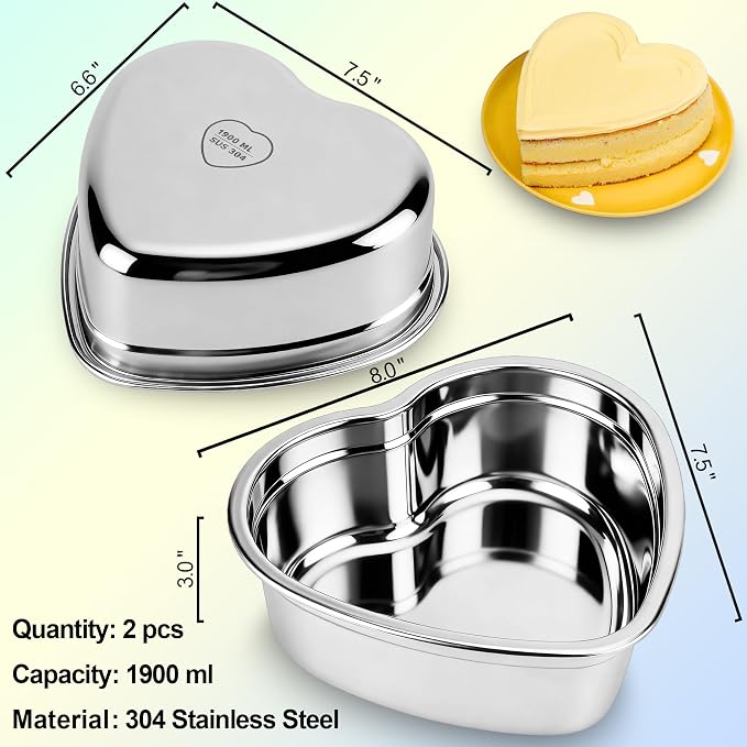 Heart Shaped Cake Pans Set of 2, 8 Inch Heart Cake Pan with 60PCS Parchment Paper, Nonstick Stainless Steel Baking Pans for Valentine's Day/Birthday/Wedding/Halloween/Thanksgiving, Dishwasher Safe