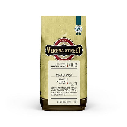 Verena Street 11 Ounce Whole Bean Coffee, Dark Roast, 100% Sumatra, Rainforest Alliance Certified Arabica Coffee