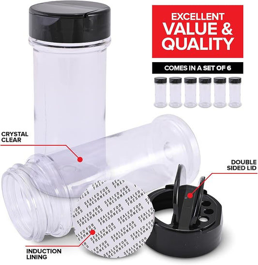 6 Pack 5.5 oz Round Plastic Spice Jars, Empty Seasoning Containers for Homemade Rub, Spices, Glitter, and More, Small Spice Containers with Black Shaker Lids and Heat-Induction Liner, Clear Spice Jars
