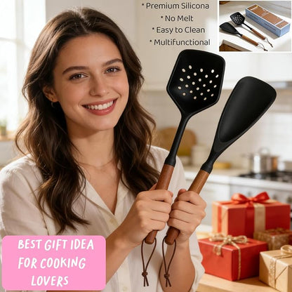 Silicone Cooking Spoons with Non Slotted Spoon, Large Serving Strainer Spoon Set, Multifunction Flat Spoon Spatula, Non-Stick Skimmer Colander Spoon for Mixing,Serving,Draining