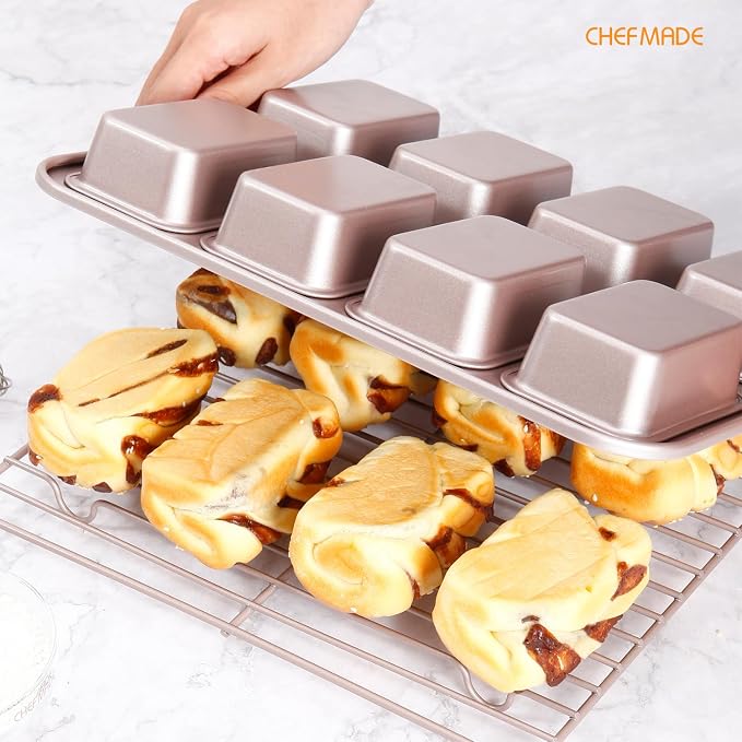 CHEFMADE Brownie Cake Pan, 8-Cavity Non-Stick Rectangle Muffin Pan Bakeware for Oven Baking(Gold)