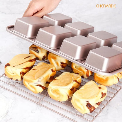 CHEFMADE Brownie Cake Pan, 8-Cavity Non-Stick Rectangle Muffin Pan Bakeware for Oven Baking(Gold)
