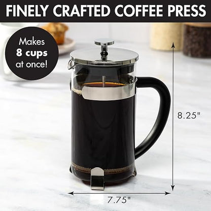 Primula French Press Coffee Maker, Temperature Safe Borosilicate Glass with Stainless Steel Filters, Premium Design and Quality, 34-Ounces, 8-Cup, Silver