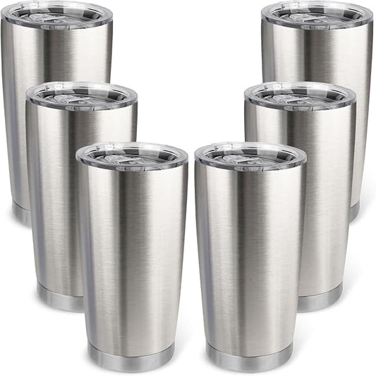 20oz Stainless Steel Tumbler Bulk with Lid, Travel Mug - Double Wall Vacuum Powder Coated Cup - Stainless steel, 6 Pack