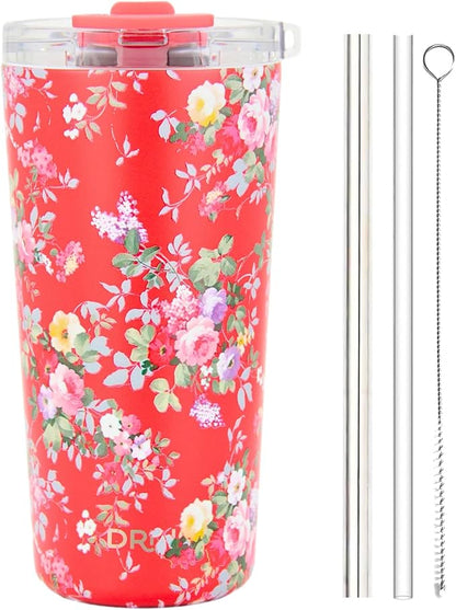 Drinco - 20 oz Stainless Steel Tumbler | Double Walled Vacuum Insulated Mug With Lid, 2 Straws, For Hot & Cold Drinks (20oz Peony Floral)