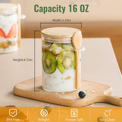 6 Pack 16oz Glass Jars with Bamboo Lids and Spoon,Overnight Oats Container,Round Glass Containers for Food,Oatmeal,Yogurt,Snack,Spice,Meal prep,Chia seed pudding and Salad Jar