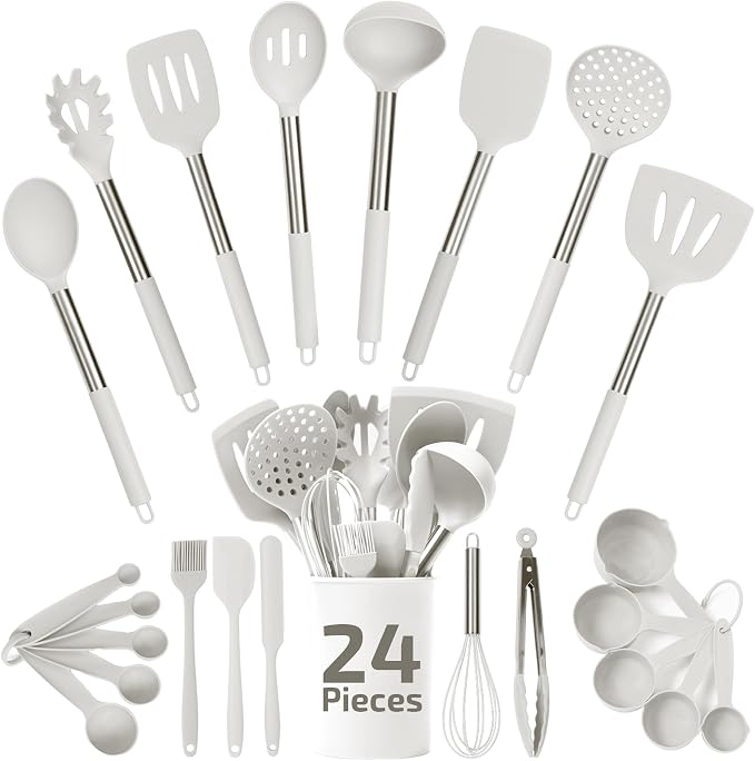 Silicone Kitchen Utensils Set - 24-Pieces 450F Heat Resistant White Cooking Utensils for Nonstick Cookware - Silicone Spatulas Set, Stainless Steel Handle & Other Kitchen accessories