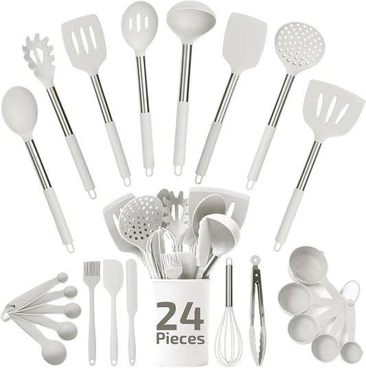 Silicone Kitchen Utensils Set - 24-Pieces 450F Heat Resistant White Cooking Utensils for Nonstick Cookware - Silicone Spatulas Set, Stainless Steel Handle & Other Kitchen accessories