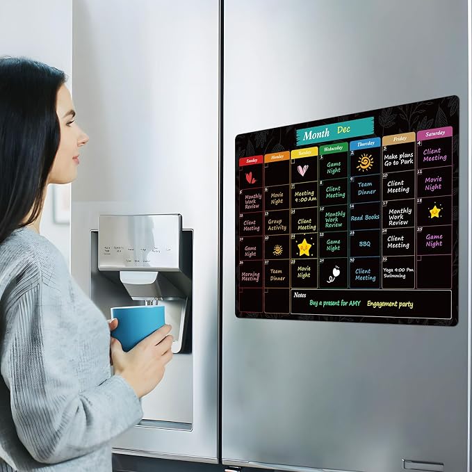 MaxGear Monthly Black Magnetic Calendar for Refrigerator, 16" X 12" Fridge Chalkboard, Magnetic Dry Erase Calendar White Board Planning Board for Fridge with 7 Fine Point Markers,1 Cloth