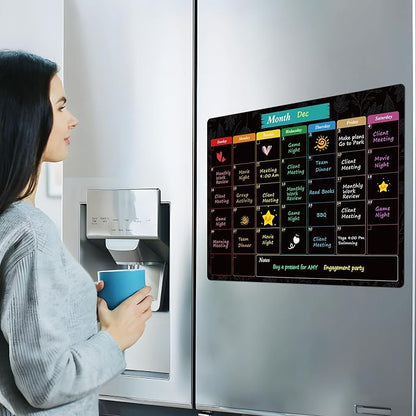 MaxGear Monthly Black Magnetic Calendar for Refrigerator, 16" X 12" Fridge Chalkboard, Magnetic Dry Erase Calendar White Board Planning Board for Fridge with 7 Fine Point Markers,1 Cloth
