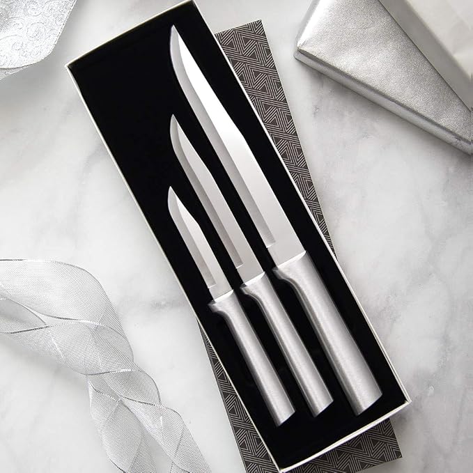 Rada Cutlery Housewarming Gift Set (S02) 3-Piece Knife Set with Quick Edge Sharpener (R119), Stainless Steel Blades, Silver Handle