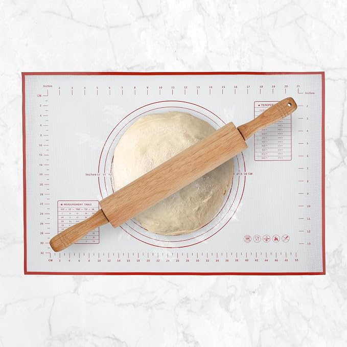 GreatChef Wood Rolling Pin 17.8 Inch for Dough with Pastry Scraper/Cutter & 2 PCS Heat-resistant Silicone Baking Mat, Non-stick, for Cookie, Pie, Macaroon, bread, Baking Pasry Tools Set