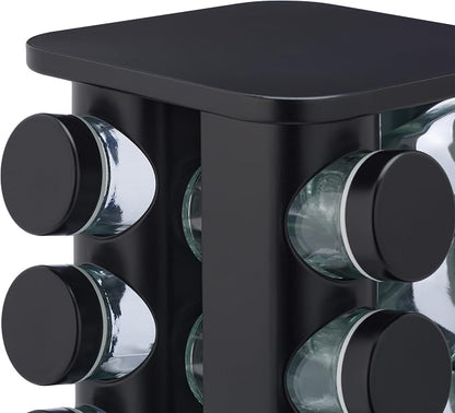 Relaxdays Spice Rack with 12 Spice Jars Refillable with Shaker Insert Rotating Spice Carousel Stainless Steel Black