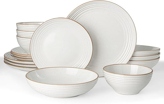 Famiware Jupiter 16-Piece Stoneware Dinnerware Set for 4 - Includes Pasta Bowl & Dinner Plate, Handcrafted Dishes with Speckles & Embossed Swirls, Chip & Scratch Resistant, Daily & Formal Use, White