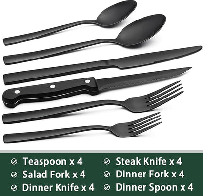 EWFEN 24-Piece Black Silverware Set with Steak Knives, Black Flatware Set for 4, Food-Grade Stainless Steel Tableware Cutlery Set, Mirror Finished Utensil Sets for Home Restaurant, Square Edge