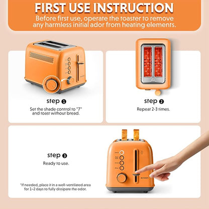 BUYDEEM DT620 2-Slice Toaster, 7 Shade Settings, Extra Wide 1.5'' Slots for Bagel & English Muffin, 6 Toasting Functions, Retro Stainless Steel Toaster with High Lift Lever, Orange