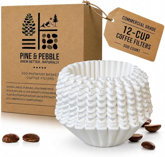 Pine & Pebble® 12-Cup Large Commercial Coffee Filters, 500 Count | Tall-Walled Basket Style (9.84" x 4.33") | No Grounds, No Mess | Fits BUNN & Standard Coffee Makers | Bulk for Cafés & Offices