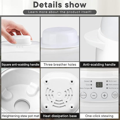 White 1L Mini Slow Cooker with Steamer Basket, 24-Hour Timer and Automatic Keep-Warm Function, 200W Smart Ceramic Electric Slow Cooker, Kitchen Cooking Appliance