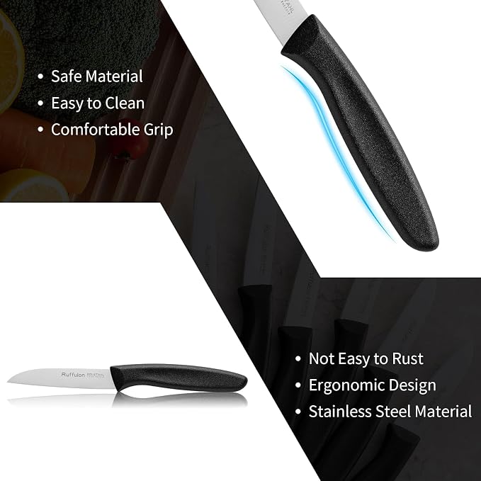 Stainless Steel Paring Knife Set (6 Pieces)，Ultra Sharp Vegetable and Fruit Knife, Black Paring Knife with Straight Edge，Small Kitchen Knife with PP Plastic Ergonomic Handle