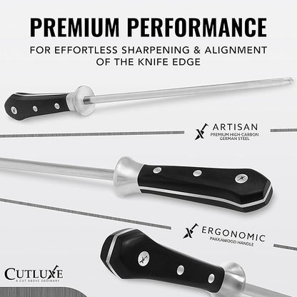 Cutluxe Honing Rod, Professional Knife Sharpener Rod – 10" Honing Steel – Ergonomic Handle Design, Grilling Gifts for Men – Artisan Series