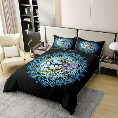 Castle Fairy 100% Cotton Lotus Flower Bedding Set King Size Bohemian Style Duvet Cover for Bedroom Decor Floral Hummingbird Comforter Cover with 2 Pillowcases(No Comforter)