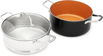 Amazon Basics Ceramic Nonstick Cookware Set, Induction Ready, Dishwasher & Oven Safe, Even Heating, 10-Piece Set with Frying Pans, Saucepans, Glass Lids, Copper Color