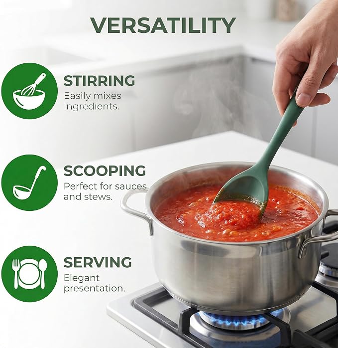 Silicone Cooking Spoons Set of 2, Heat-Resistant & Dishwasher Safe - Slotted and Solid Kitchen Spoons for Mixing, Serving, Stirring, Skimming