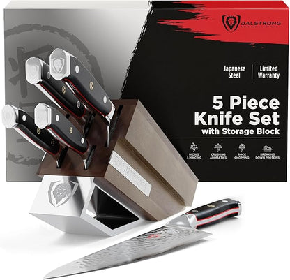 Dalstrong 5-Piece Japanese Knife Block Set — 66-Layer Damascus AUS-10V Steel (8–12° Edge), Chef + Santoku + Utility + Bread + Paring — Shogun ELITE For Serious Home Cooks & Culinary Gifts