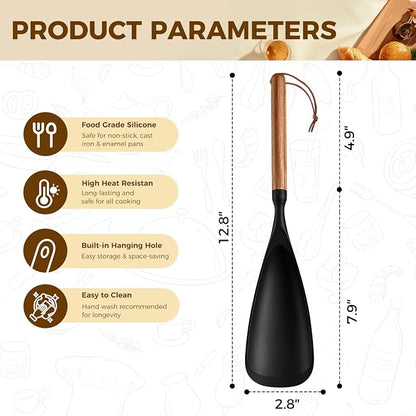 Silicone Cooking Spoon for Nonstick Cookware – Wooden Handle Spatula Spoon, Multi-Function Kitchen Tool for Stirring, Scooping, Scraping & Serving, Heat-Resistant(Black, 12.8 Inch)