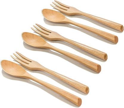 6Pcs Wood Soup Spoons And Forks Sets 7.5In Natural Wood Eating Utensils Wooden Flatware Set, Eco Friendly Wood Cutlery Wooden Dinner Fork And Spoon, 3 Spoons and 3 Forks
