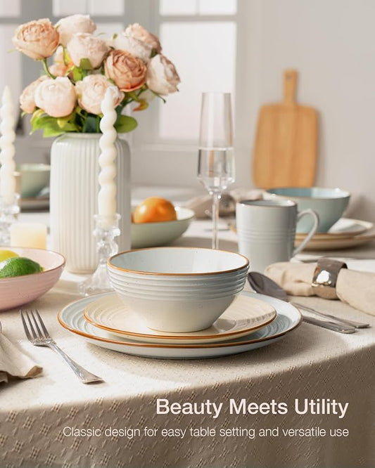 Famiware Jupiter 12-Piece Stoneware Dinnerware Set for 4, Handcrafted Plates and Bowls with Speckles & Embossed Swirls, Chip/Scratch Resistant, Microwave/Dishwasher Safe, Modern Dishes, Multi-color