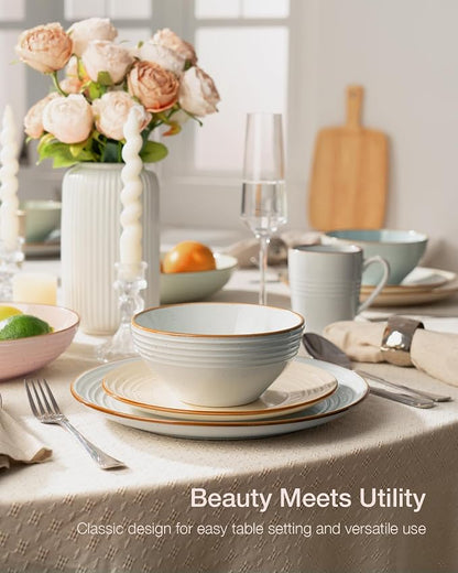 Famiware Jupiter 24-Piece Stoneware Dinnerware Set for 8, Handcrafted Plates and Bowls with Speckles & Embossed Swirls, Chip/Scratch Resistant, Microwave/Dishwasher Safe, Rustic Dishes, Multi-color