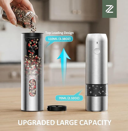 Zadelar Rechargeable Electric Salt and Pepper Grinder Set with USB-C Charging Base, Stainless Steel Automatic Salt and Pepper Shakers, Adjustable Coarseness, LED Light, Large Capacity, Kitchen Gift