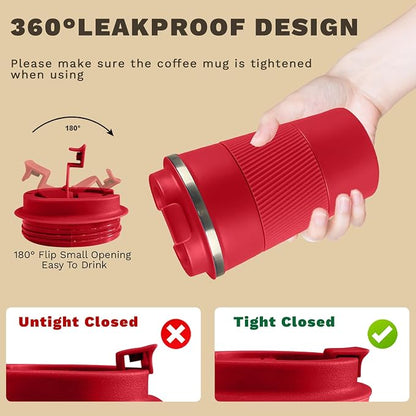 SPLMIFA Vacuum-Insulated Stainless Steel Travel Coffee Mug, Leak-Proof Reusable Coffee Cup with Lid - Keep Hot & Cold Drinks for Hours, Durable Insulated Tumbler for Men & Women(3rd-Red, 12OZ)